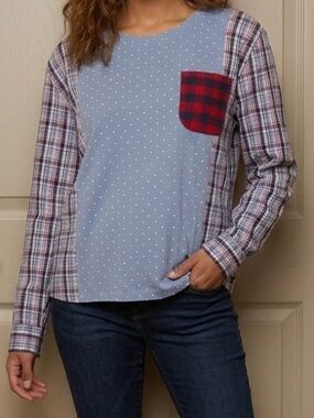 HANDMADE One-of-a-Kind Mixed Media Polka Dot & Plaid Upcycled Top - Sz. Large